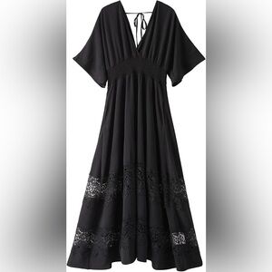 Black Lace Maxi Dress by Olaesa Women's, Summer Beach Dress with Pockets